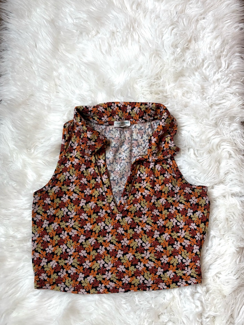 Multi-Color Floral Print Sleeveless Collared Crop Top